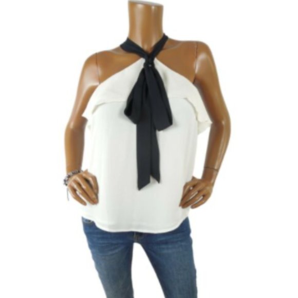LOFT Tops - ANN TAYLOR LOFT Top XS Ivory Halter Blouse Black Tie Sleeveless Ruffle Trim